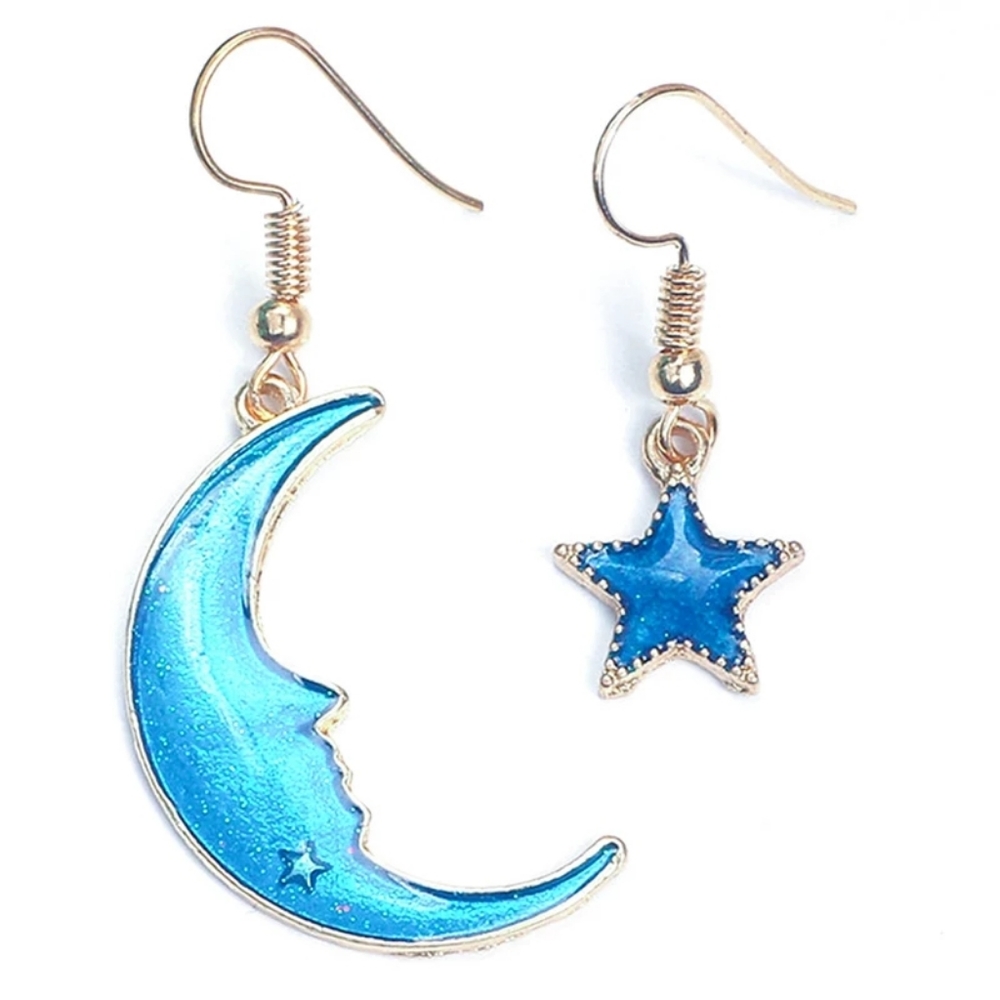 Blue Moon & Star Asymmetrical Dangle Earrings